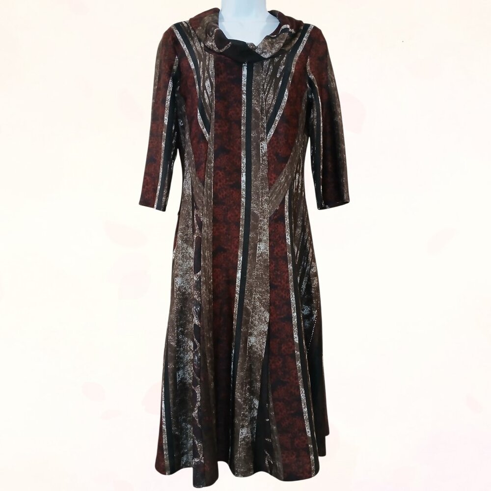 ROBBIE BEE Cowl Neck A-Line Multicolor Lined 3/4 Sleeve Stretch Midi Dress Sz L